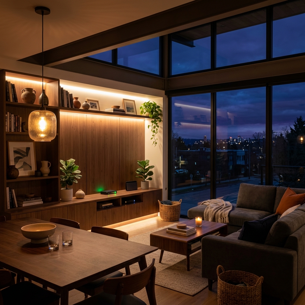Modern home at night with smart lighting